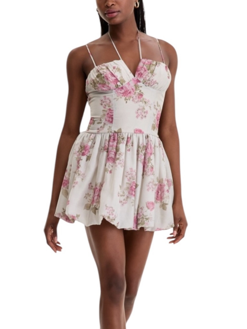 Seni & Cade Rose-Print Bubble-Hem Mini Dress Floral Pink Cream Summer NEW M